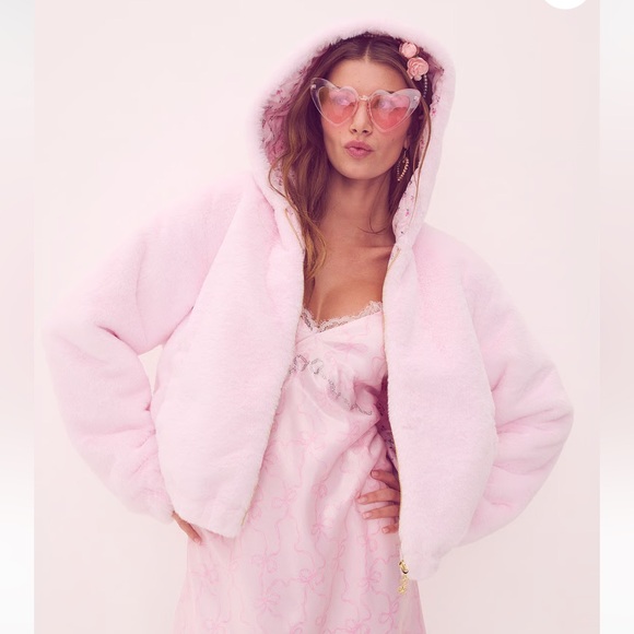 Small LoveShackFancy x PINK coquette bow faux fur bomber jacket / coat - Picture 2 of 5